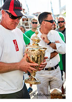 Photograph of the yacht "Ranger" receiving the J-Class’s coveted Kings Hundred Guinea Trophy.